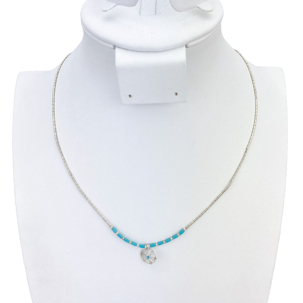 Vintage Sterling Liquid Silver Turquoise Colored Bead Dreamcatcher Necklace 18"